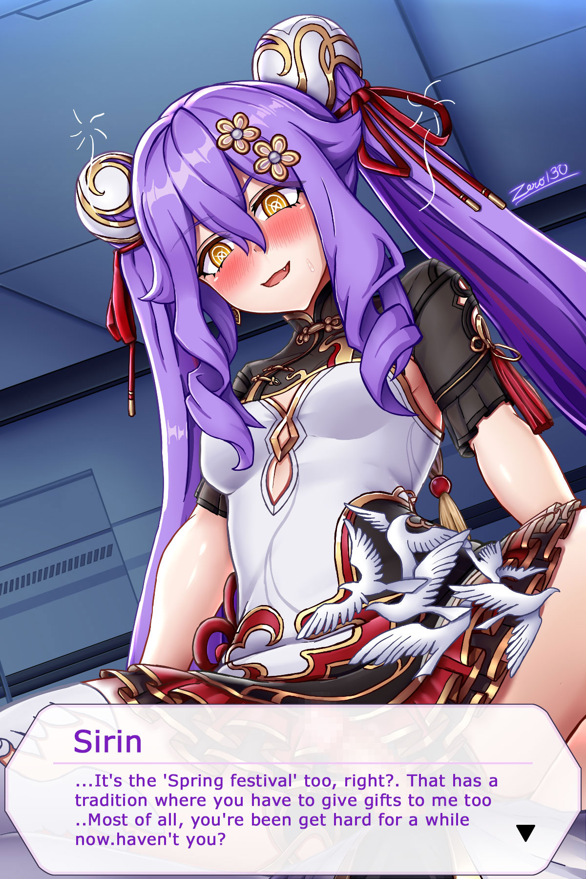 zero130rider, captain (honkai impact), sirin, sirin (miracle magical girl), sirin (soaring wings), honkai (series), honkai impact 3rd, commentary, english commentary, highres, 1boy, 1girl, breasts, chinese clothes, cowgirl position, dress, drunk, english text, hair bun, hetero, indoors, long hair, medium breasts, pov, purple hair, solo focus, straddling, twintails, very long hair, white dress