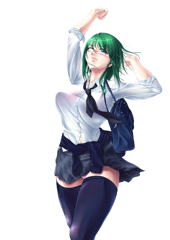 homura (seven deadly sins), honoo (kusunoki), original, 1girl, female focus, green hair, school uniform, serafuku, solo, thighhighs