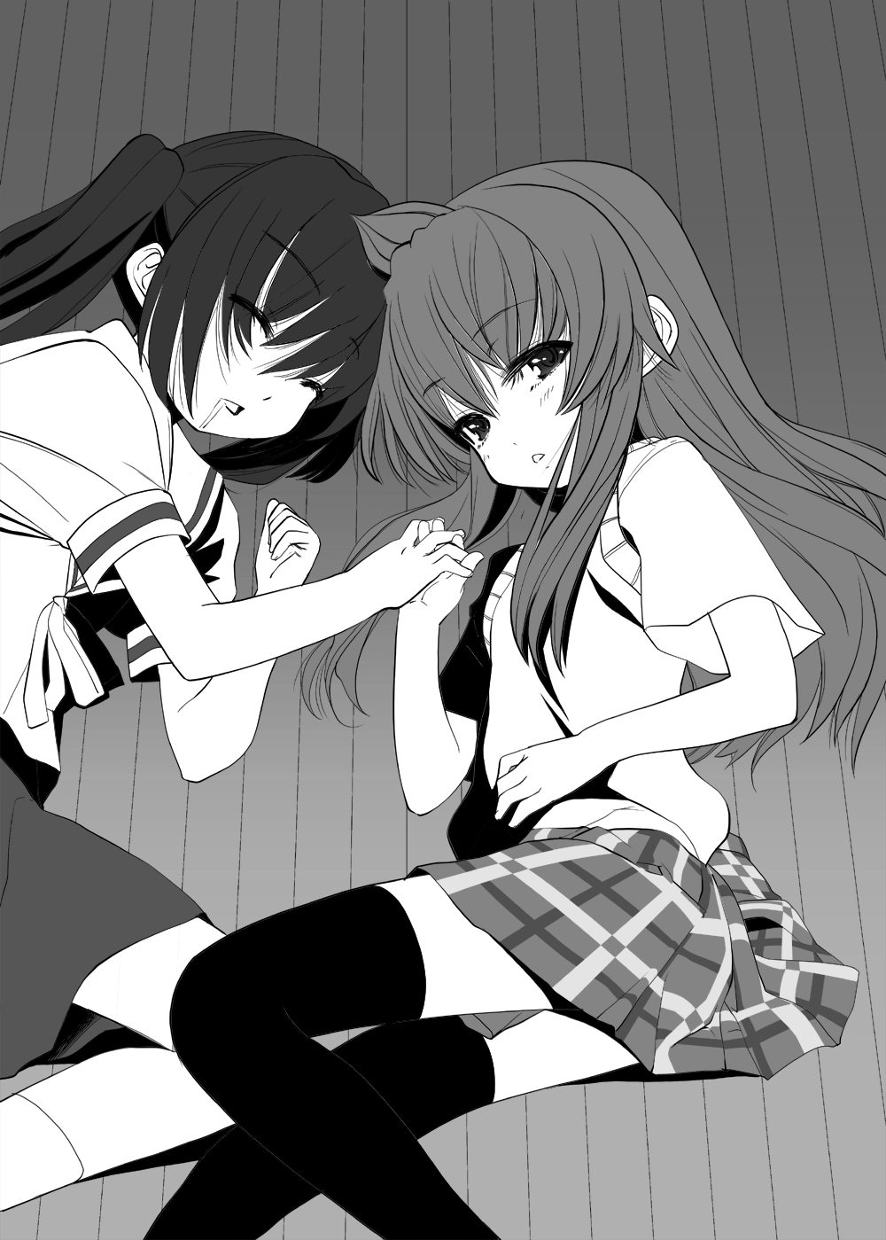 okina ika, minami chiaki, minami kana, minami-ke, bad id, bad pixiv id, highres, 00s, 2girls, ahoge, greyscale, monochrome, multiple girls, thighhighs