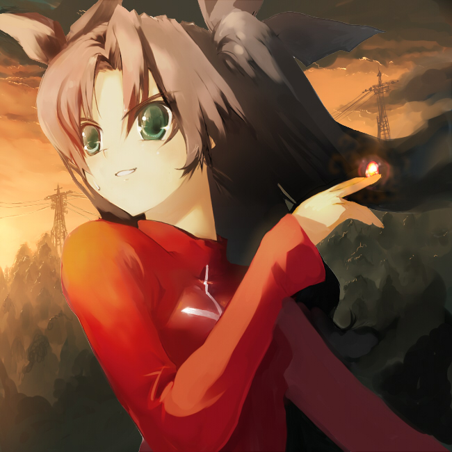 bob (biyonbiyon), tohsaka rin, fate/stay night, fate (series), light, 00s, 1girl, cloud, female focus, forest, nature, power lines, sky, smile, solo, sunset, tree
