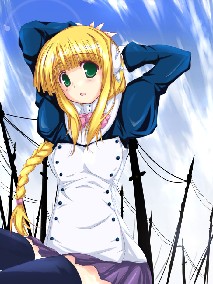 yumesato makura, silfa (to heart), to heart (series), to heart 2, to heart 2 ad, 00s, blonde hair, blush, braid, braided ponytail, green eyes, long hair, maid, robot ears, single braid, skirt, solo, thighhighs, zettai ryouiki