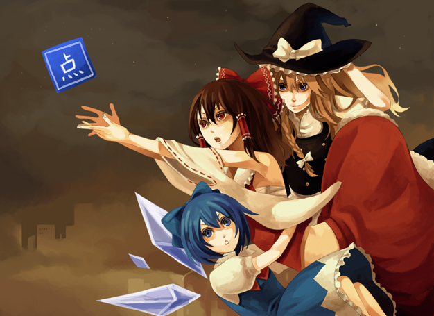 riku (artist), riku (wana), cirno, hakurei reimu, kirisame marisa, embodiment of scarlet devil, touhou, bad id, bad pixiv id, 3girls, apron, blonde hair, blue dress, blue eyes, blue hair, bow, braid, brown hair, building, buttons, cloud, d:, detached sleeves, detached wings, dress, female focus, frilled bow, frills, gameplay mechanics, girl sandwich, hair between eyes, hair bow, hair tubes, hand on headwear, hat, hat bow, hug, ice, ice wings, long hair, midriff, multiple girls, night, night sky, open mouth, outstretched arms, power-up, puffy short sleeves, puffy sleeves, reaching, red bow, red eyes, red ribbon, red skirt, ribbon, ribbon-trimmed sleeves, ribbon trim, sandwiched, sarashi, short sleeves, side braid, single braid, skirt, skirt set, sky, star (sky), upskirt, white apron, white bow, wide sleeves, wings, witch hat, yellow eyes
