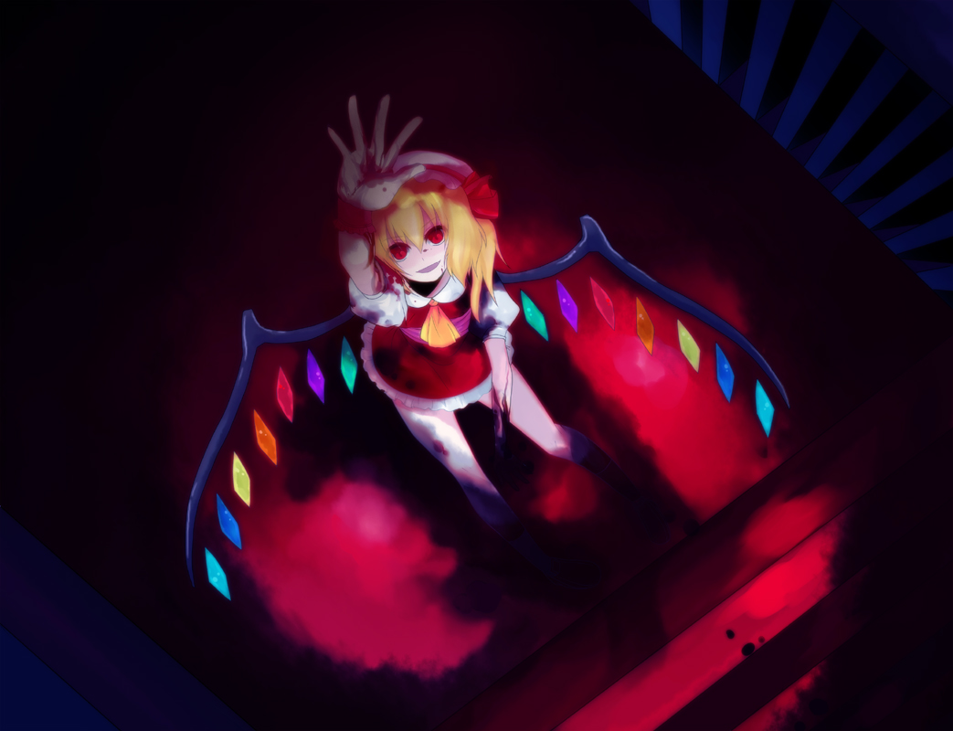 harano, flandre scarlet, touhou, bad id, bad pixiv id, 1girl, ascot, blonde hair, blood, female focus, hat, looking at viewer, mob cap, reaching, red eyes, solo, stairs, wings