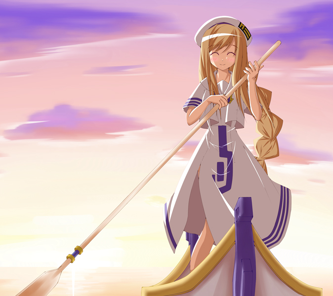 chu (chu inthis), alicia florence, aria (manga), bad id, 00s, 1girl, ^ ^, backlighting, beret, blonde hair, blush, boat, braid, braided ponytail, closed eyes, dress, evening, female focus, hat, high collar, holding, holding oar, long hair, long sleeves, oar, robe, single braid, smile, solo, standing, sunlight, sunset, very long hair, watercraft, white dress