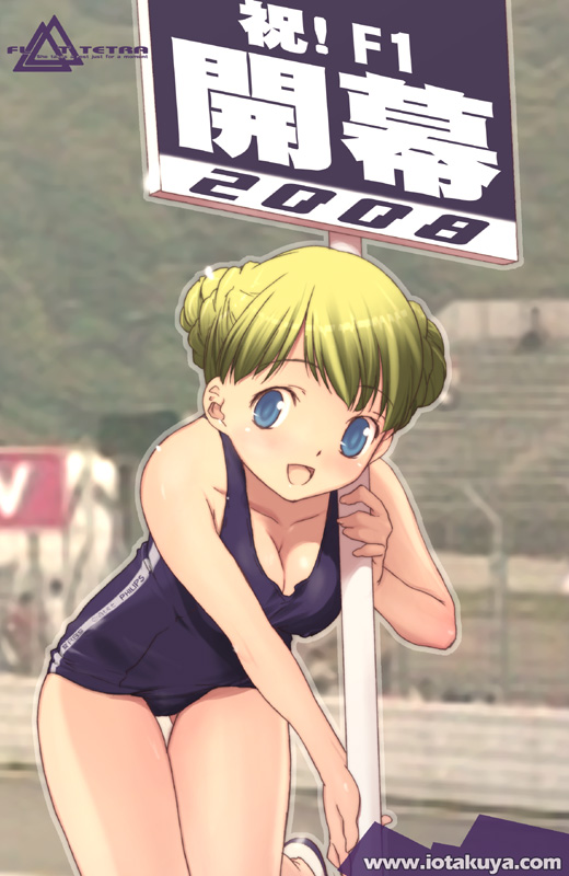 io takuya, original, 1girl, black one-piece swimsuit, breasts, cleavage, female focus, large breasts, one-piece swimsuit, race queen, school swimsuit, solo, swimsuit