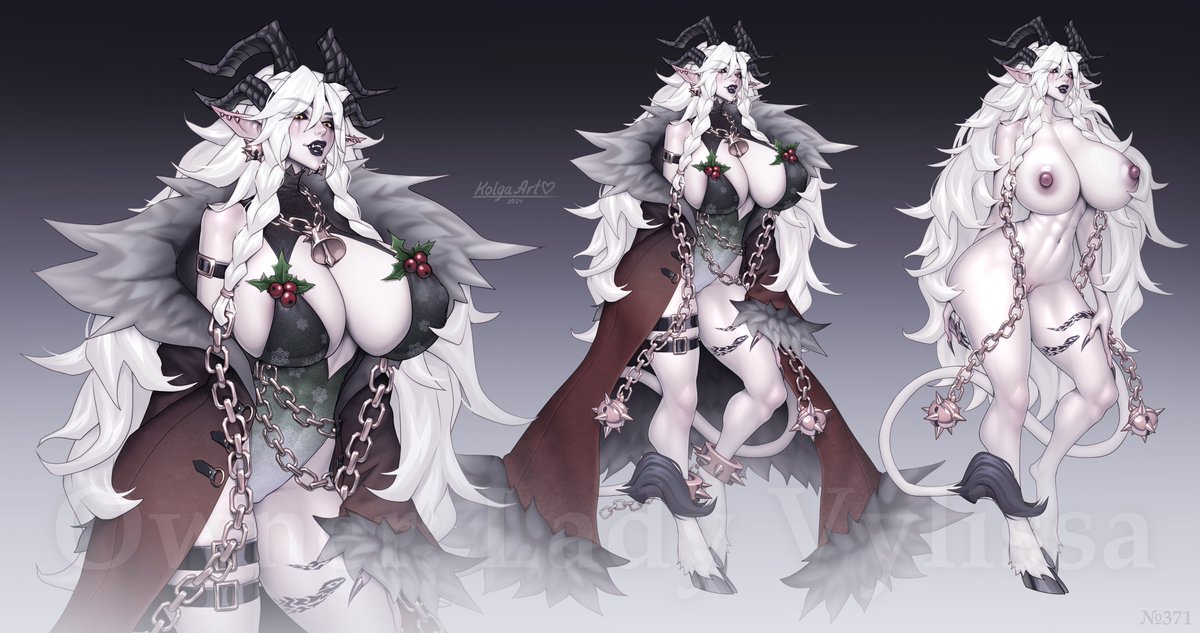 kolga art, highres, 1girl, black lips, braid, breasts, chain, coat, colored skin, covered erect nipples, earrings, fur trim, hooves, horns, huge breasts, jewelry, leotard, long hair, multiple views, navel, nipple piercing, nipples, piercing, pointy ears, red coat, tail, thigh strap, very long hair, white hair, white skin