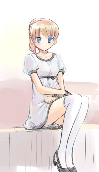 ikeda jun (mizutamari), original, blonde hair, blue eyes, ponytail, sandals, sitting, solo, thighhighs