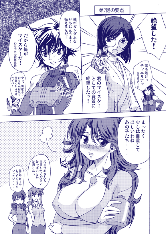rikumoto yoshiyuki, christina sierra, feldt grace, setsuna f. seiei, sumeragi lee noriega, tieria erde, gundam, gundam 00, translation request, 00s, 3girls, 4boys, blush, breasts, cleavage, comic, formal clothes, glasses, goggles, gun, hip flask, multiple boys, multiple girls, speech bubble, suit, weapon