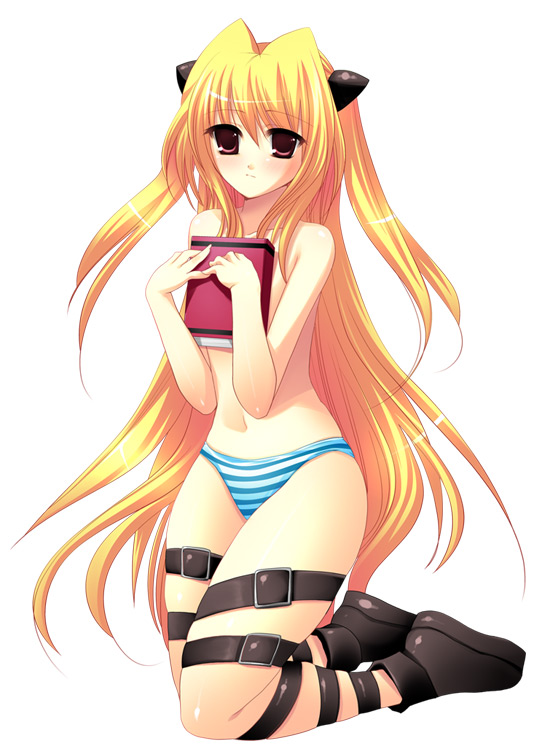 konjiki no yami, to love-ru, 00s, blonde hair, book, panties, red eyes, solo, striped clothes, striped panties, thigh strap, underwear