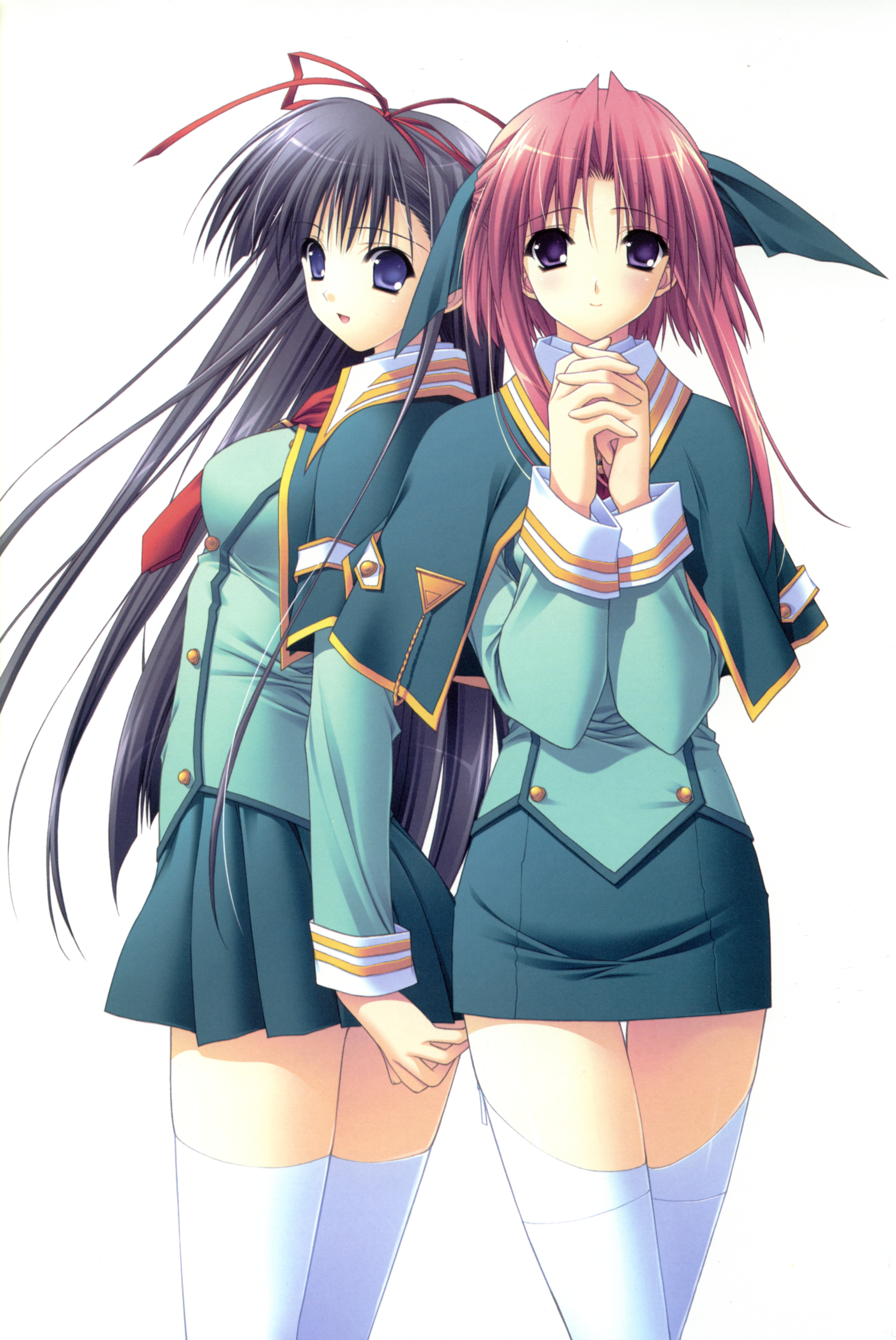 suzuhira hiro, morisaki nao, nagase sayaka, soul link, absurdres, highres, 00s, black hair, blue eyes, long hair, pink hair, purple eyes, ribbon, school uniform, serafuku, thighhighs