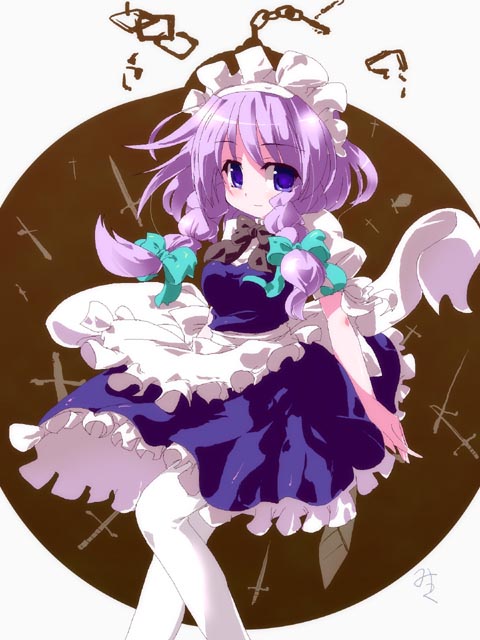 miuku (marine sapphire), izayoi sakuya, touhou, silver hair, 1girl, braid, female focus, pantyhose, ribbon, short hair, solo, twin braids