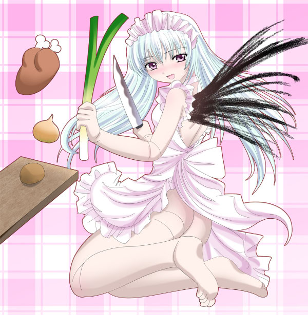 namamo nanase, suigintou, rozen maiden, 00s, apron, barefoot, doll, doll joints, feet, joints, naked apron, solo, spring onion