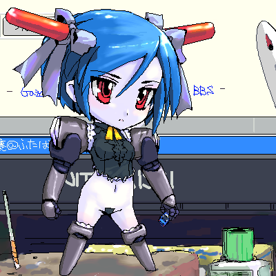 character request, copyright request, lowres, 1girl, blue hair, blue skin, chibi, colored skin, female focus, indoors, maebari, no pants, oekaki, red eyes, solo, standing, thighhighs