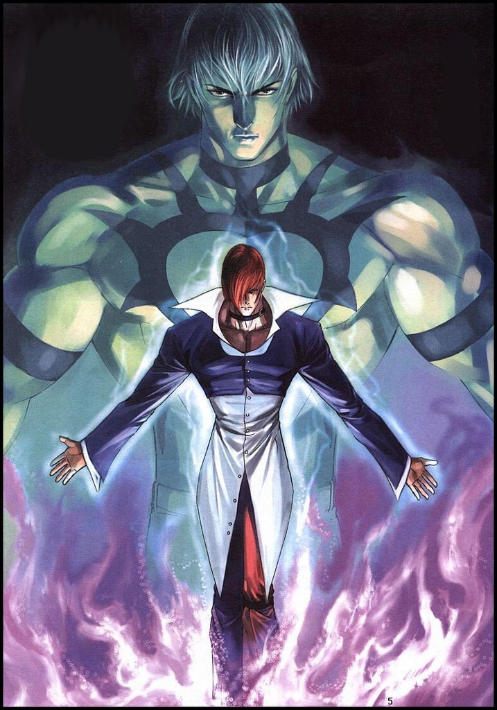 andy seto, orochi (kof), yagami iori, snk, the king of fighters, official art, 2boys, dress shirt, fire, male focus, multiple boys, pants, pyrokinesis, red pants, shirt, tattoo
