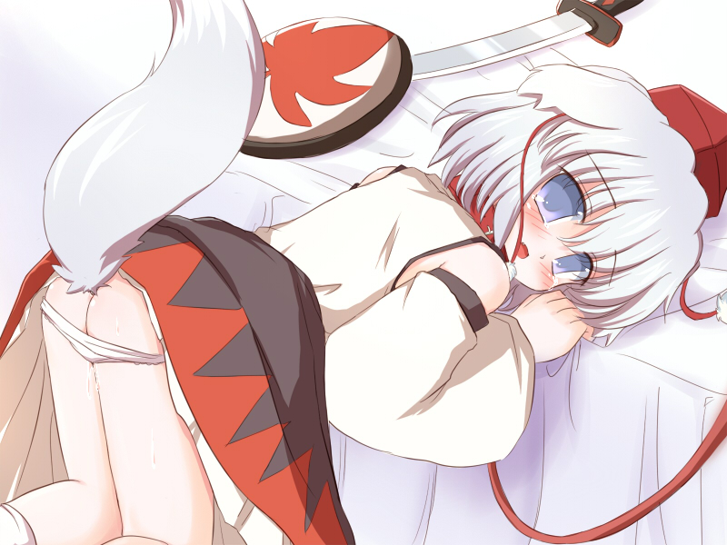 ry (yagoyago), inubashiri momiji, touhou, 1girl, animal collar, animal ears, ass, clothes lift, collar, female focus, hat, leash, loli, panties, panty pull, pussy juice, shield, skirt, skirt lift, solo, sword, tail, tokin hat, underwear, weapon, wolf ears, wolf tail