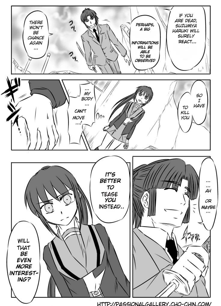 asakura ryo, asakura ryoko, kyon, kyonko, suzumiya haruhi no yuuutsu, blade, 00s, 1boy, 1girl, comic, english text, formal clothes, genderswap, genderswap (ftm), genderswap (mtf), greyscale, katana, monochrome, necktie, plait, skirt, suit, sweat, sword, weapon