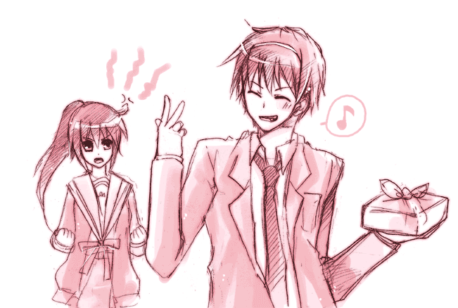 kyon, kyonko, suzumiya haruhi, suzumiya haruhiko, suzumiya haruhi no yuuutsu, fume, 00s, 1boy, 1girl, :d, ^ ^, angry, box, closed eyes, collared shirt, dress shirt, genderswap, genderswap (ftm), genderswap (mtf), gift, gift box, long sleeves, monochrome, necktie, open mouth, pink theme, ponytail, ribbon, shirt, simple background, smile, v, white background