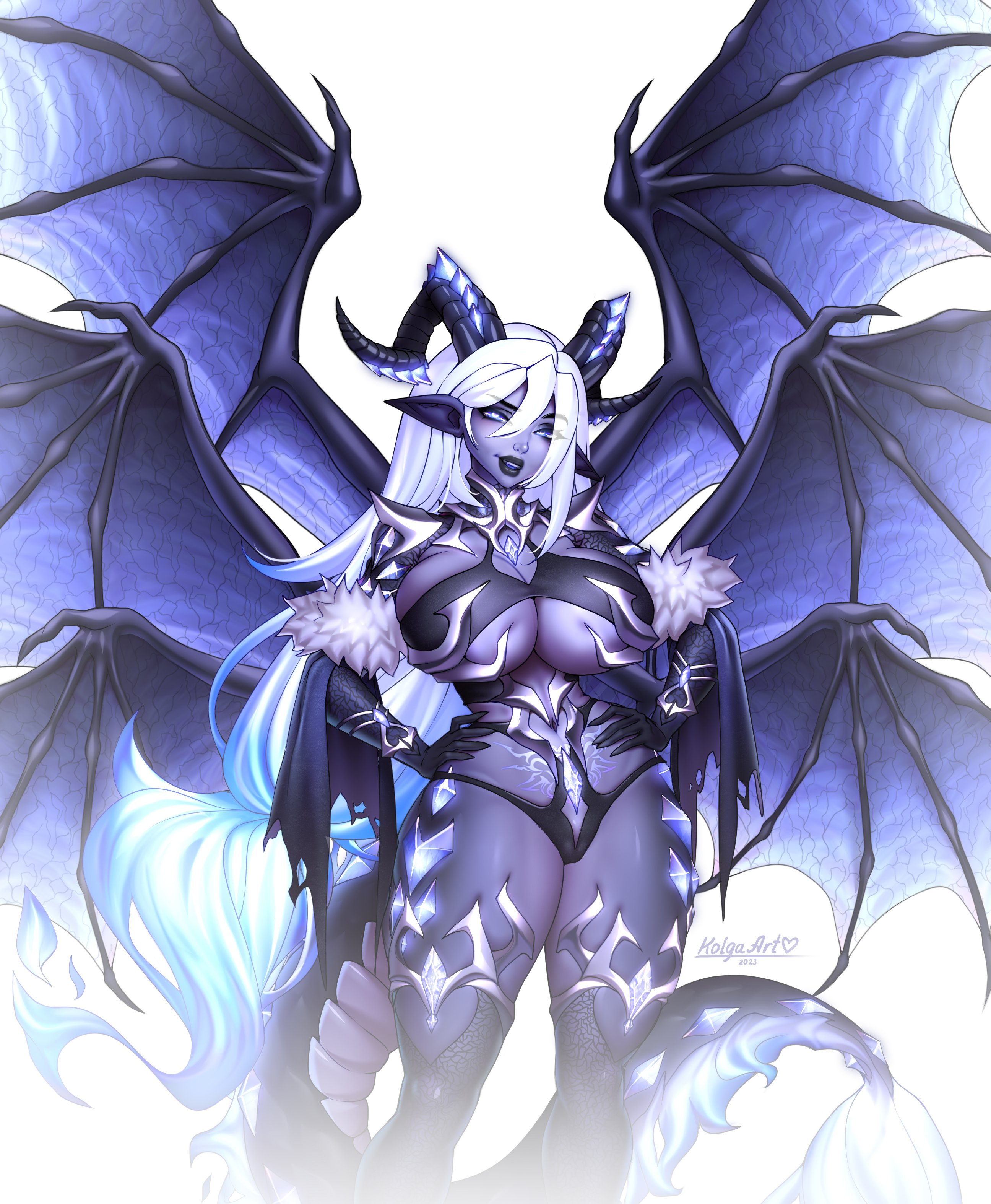 kolga art, highres, 1girl, black sclera, blue eyes, blue fire, blue hair, blue skin, blue wings, breasts, colored sclera, colored skin, demon girl, demon tail, demon wings, dragon girl, dragon tail, dragon wings, fire, gloves, hair between eyes, hands on own hips, horns, large breasts, long hair, looking at viewer, monster girl, open mouth, oversized wings, pointy ears, simple background, smile, solo, spread wings, tail, thighhighs, torn wings, very long hair, white background, white hair, wings