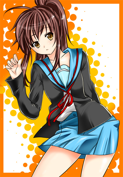 kyon, kyonko, suzumiya haruhi no yuuutsu, gender request, 00s, 1girl, cardigan, female focus, genderswap, ponytail, school uniform, serafuku, solo