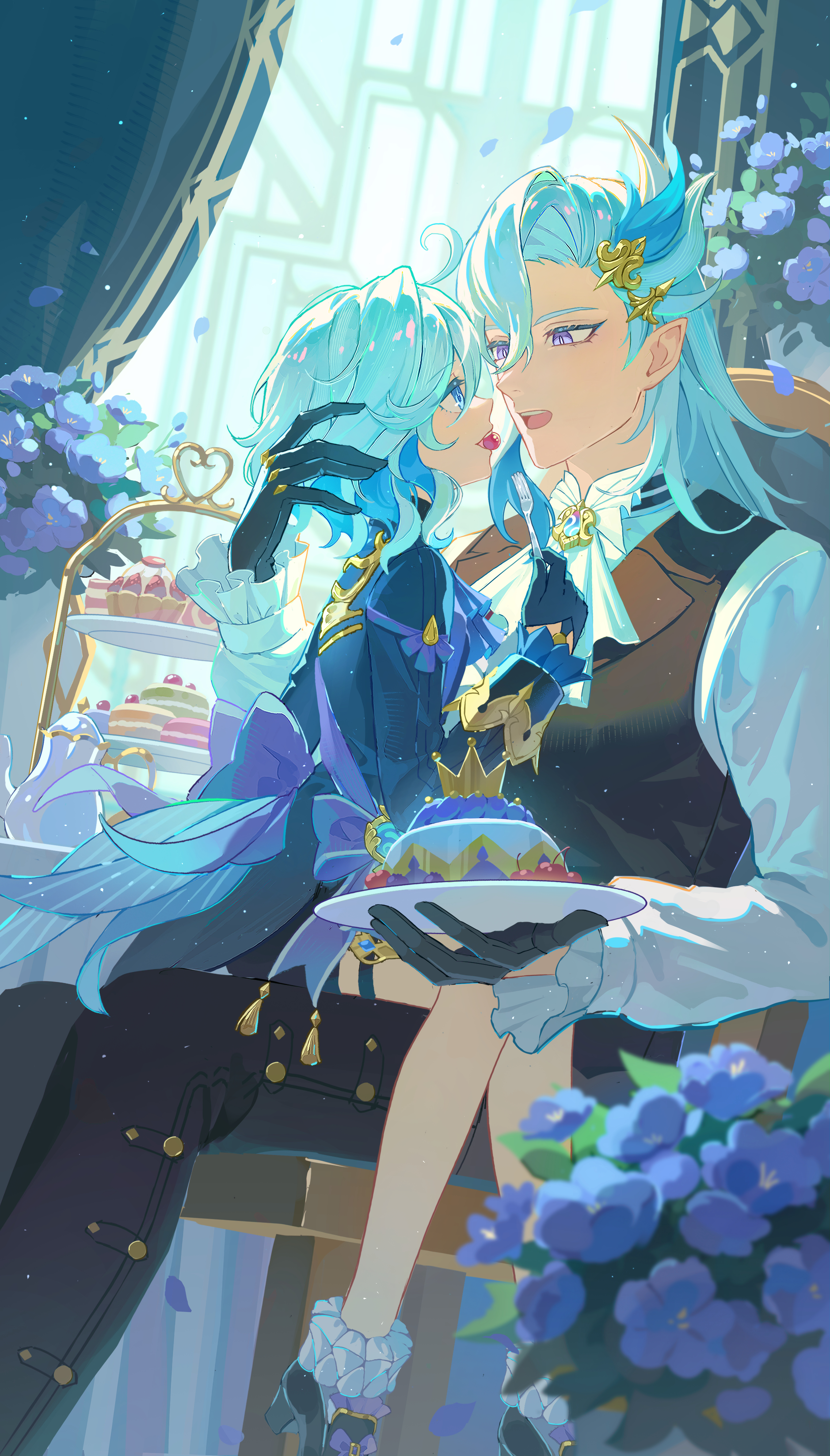 furina (genshin impact), neuvillette (genshin impact), genshin impact, absurdres, commentary request, highres, 1boy, 1girl, arm behind head, black gloves, black pants, black vest, blue eyes, blue hair, blue jacket, chair, couple, eye contact, falling petals, flower, food in mouth, fork, gloves, hair ornament, hand in another's hair, hetero, holding, holding fork, holding plate, hydro symbol (genshin impact), indoors, jacket, long hair, long sleeves, looking at another, mouth hold, on chair, open mouth, pants, petals, plate, pointy ears, purple eyes, shirt, short hair, sitting, sitting on lap, sitting on person, teapot, teeth, tiered tray, upper teeth only, vest, vision (genshin impact), white shirt, window, worlin4