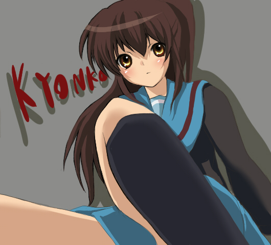 kyon, kyonko, suzumiya haruhi no yuuutsu, gender request, 00s, 1girl, cardigan, female focus, genderswap, ponytail, school uniform, serafuku, solo