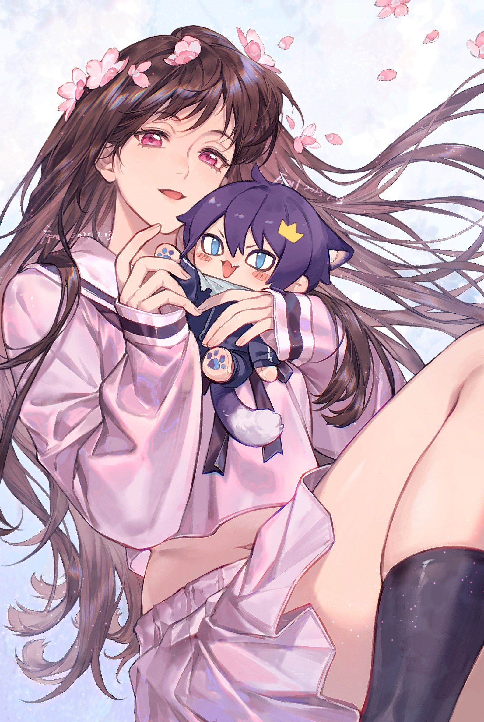 xuchuan, iki hiyori, yato (noragami), noragami, commentary, highres, 1girl, artist name, black socks, blue eyes, blush stickers, brown hair, character doll, dated, doll, falling flower, falling petals, flower, holding, holding doll, kemonomimi mode, long hair, long sleeves, looking at viewer, midriff, miniskirt, petals, pink eyes, pink flower, pink serafuku, pink shirt, pink skirt, purple hair, sailor collar, sailor shirt, school uniform, serafuku, shirt, skirt, socks, solo, tail, very long hair, white sailor collar