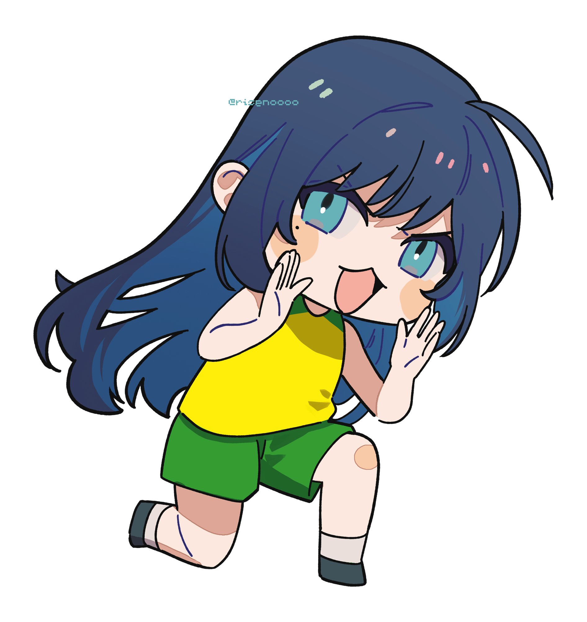 riseno, chando (ado), ado (utaite), commentary request, highres, 1girl, :3, blue eyes, blue hair, choker, green shorts, long hair, mole, mole under eye, open mouth, shorts, simple background, solo, white background