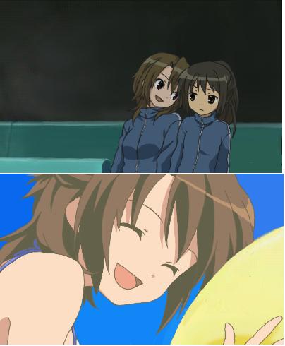 koizumi itsuki, koizumi itsuki (female), kyon, kyonko, suzumiya haruhi no yuuutsu, gender request, lowres, 00s, 2girls, :d, ^ ^, brown hair, chalkboard, closed eyes, genderswap, long sleeves, multiple girls, open mouth, ponytail, short hair, smile, upper body