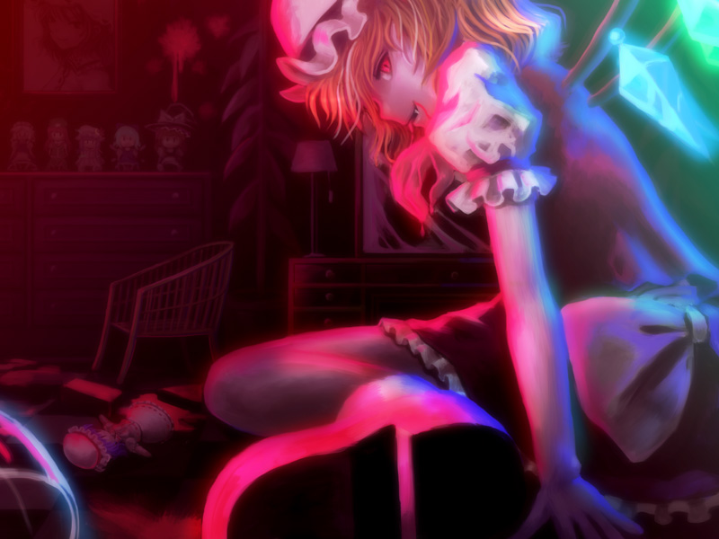 hyuuga azuri, cirno, flandre scarlet, hong meiling, izayoi sakuya, kirisame marisa, patchouli knowledge, remilia scarlet, embodiment of scarlet devil, touhou, 1girl, blonde hair, blood, character doll, colorful, demon wings, doll, dress, female focus, hat, licking, looking back, mob cap, shoes, solo, tongue, wings