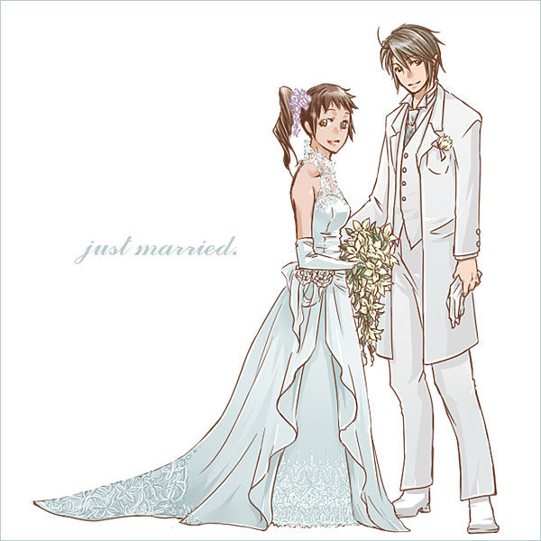 kyon, kyonko, suzumiya haruhi, suzumiya haruhiko, suzumiya haruhi no yuuutsu, 00s, 1boy, 1girl, bride, dress, genderswap, genderswap (ftm), genderswap (mtf), ponytail, wedding dress