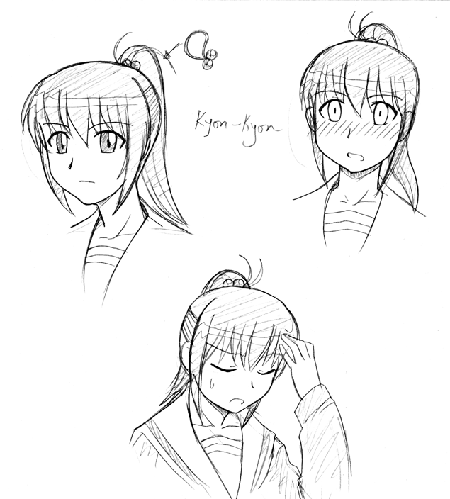 kyon, kyonko, suzumiya haruhi no yuuutsu, gender request, 00s, 1girl, arm up, blush, closed eyes, female focus, full-face blush, genderswap, greyscale, long sleeves, looking at viewer, monochrome, ponytail, school uniform, simple background, solo, surprised, sweatdrop, thinking, white background, wide-eyed
