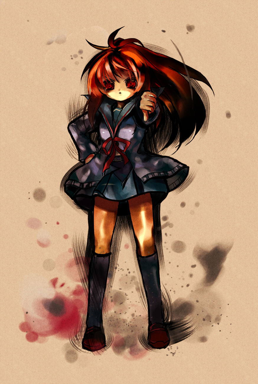 shino (eefy), kyon, kyonko, suzumiya haruhi no yuuutsu, bad id, bad pixiv id, gender request, highres, 00s, 1girl, cardigan, female focus, genderswap, ponytail, school uniform, serafuku, solo