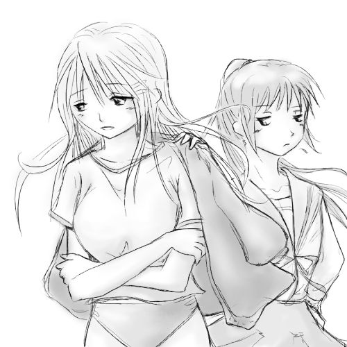 koizumi itsuki, koizumi itsuki (female), kyon, kyonko, suzumiya haruhi no yuuutsu, lowres, 00s, 2girls, genderswap, genderswap (mtf), greyscale, monochrome, multiple girls, ponytail, school uniform, serafuku, sketch
