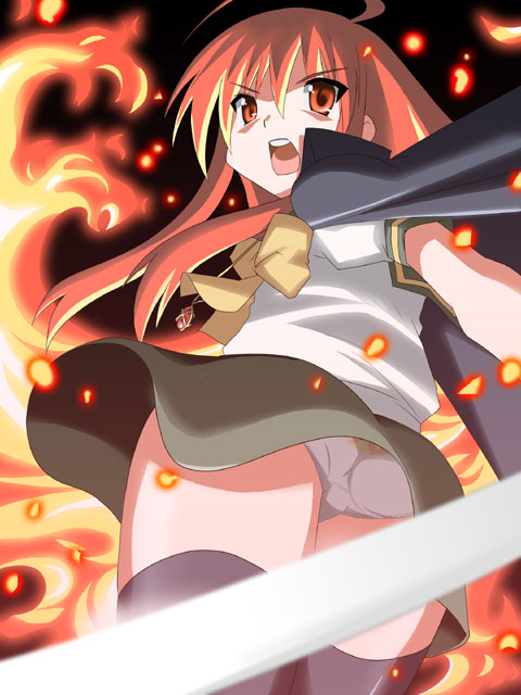 toku sonchou, alastor (shakugan no shana), shana, shakugan no shana, 00s, 1girl, female focus, jewelry, panties, pantyshot, pendant, red hair, solo, thighhighs, underwear