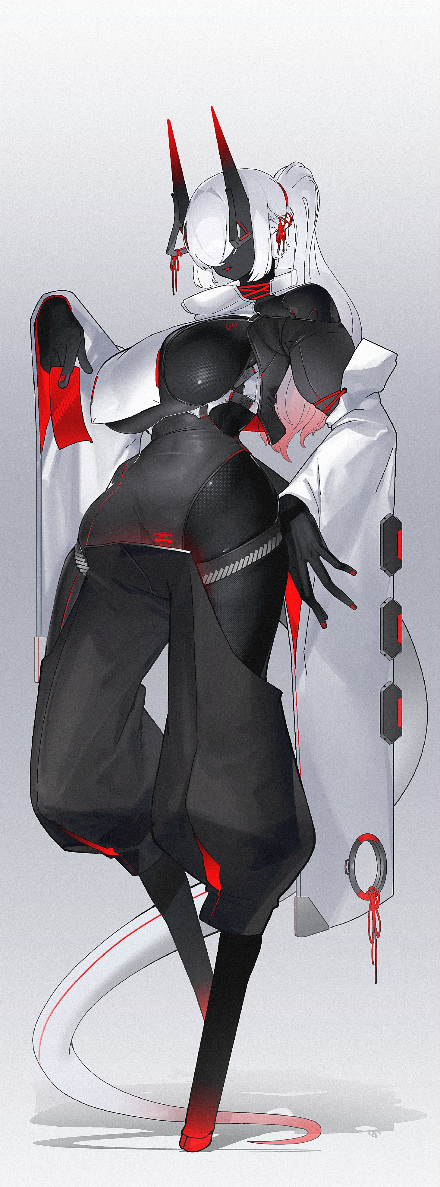 echanis enicha, original, absurdres, highres, 1girl, bare shoulders, black horns, black skin, braid, breasts, clothing cutout, colored skin, covered navel, detached sleeves, gradient horns, grey background, hair over eyes, hip vent, hooves, horns, huge breasts, long hair, multicolored horns, open mouth, ponytail, red horns, red nails, shoulder cutout, side braid, sideboob, sideboob cutout, sidelocks, tail, thick thighs, thighs, white hair, wide sleeves