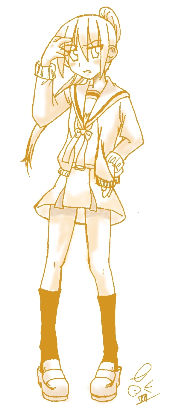 kyon, kyonko, suzumiya haruhi no yuuutsu, gender request, highres, 00s, 1girl, blush, cardigan, female focus, full body, genderswap, monochrome, ponytail, school uniform, serafuku, simple background, solo