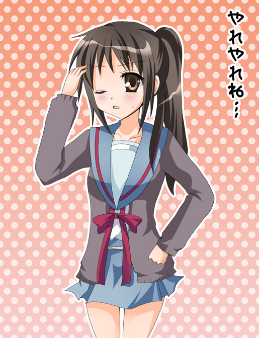 kyon, kyonko, suzumiya haruhi no yuuutsu, gender request, translated, 00s, 1girl, cardigan, female focus, genderswap, ponytail, school uniform, serafuku, solo