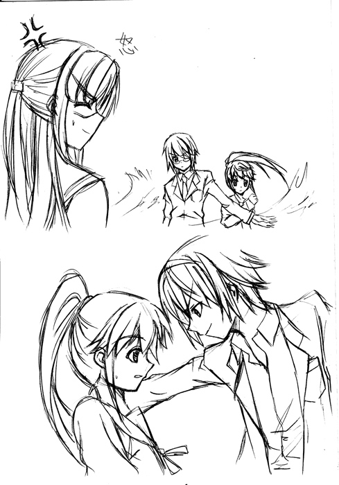 asakura ryoko, kyon, kyonko, nagato yuuki, suzumiya haruhi, suzumiya haruhiko, suzumiya haruhi no yuuutsu, 00s, 2boys, 2girls, genderswap, genderswap (ftm), genderswap (mtf), greyscale, half updo, monochrome, multiple boys, multiple girls, ponytail, sketch