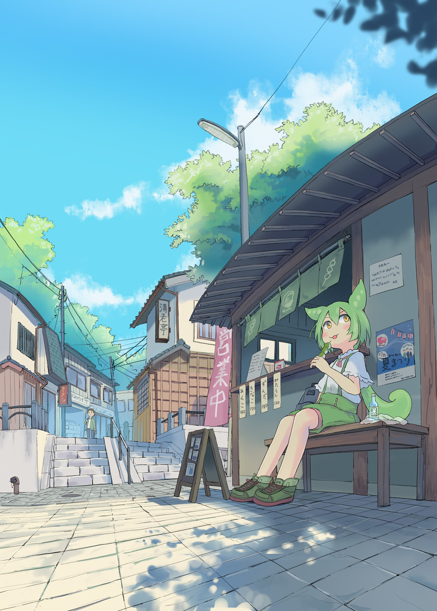 wu ba pin, zundamon, voicevox, commentary request, has bad revision, highres, 1girl, 1other, :p, backpack, bag, banner, blue sky, cloud, dango, dappled sunlight, day, double-parted bangs, food, full body, green hair, green shoes, green shorts, lamppost, long hair, menu board, neck ribbon, outdoors, poster (object), power lines, purple ribbon, railing, ribbon, scenery, shade, shirt, shoes, short sleeves, shorts, sitting, sky, sneakers, stairs, sunlight, suspenders, tail, tongue, tongue out, tree, utility pole, wagashi, white shirt, yellow eyes