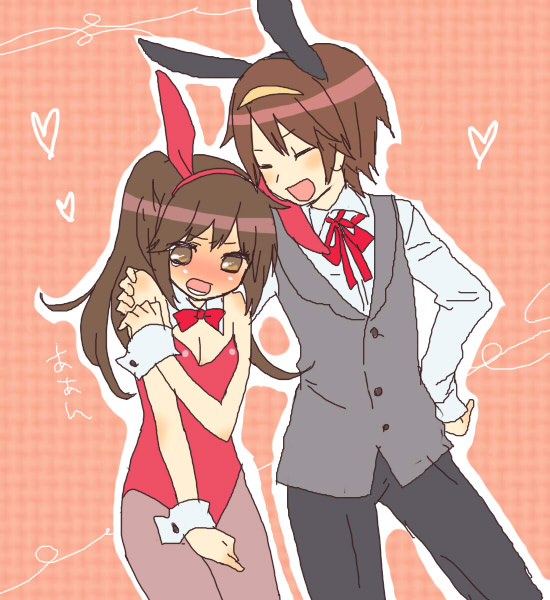 machiko (beard), kyon, kyonko, suzumiya haruhi, suzumiya haruhiko, suzumiya haruhi no yuuutsu, 00s, 1boy, 1girl, animal ears, fake animal ears, genderswap, genderswap (ftm), genderswap (mtf), leotard, male playboy bunny, pantyhose, playboy bunny, ponytail, rabbit ears