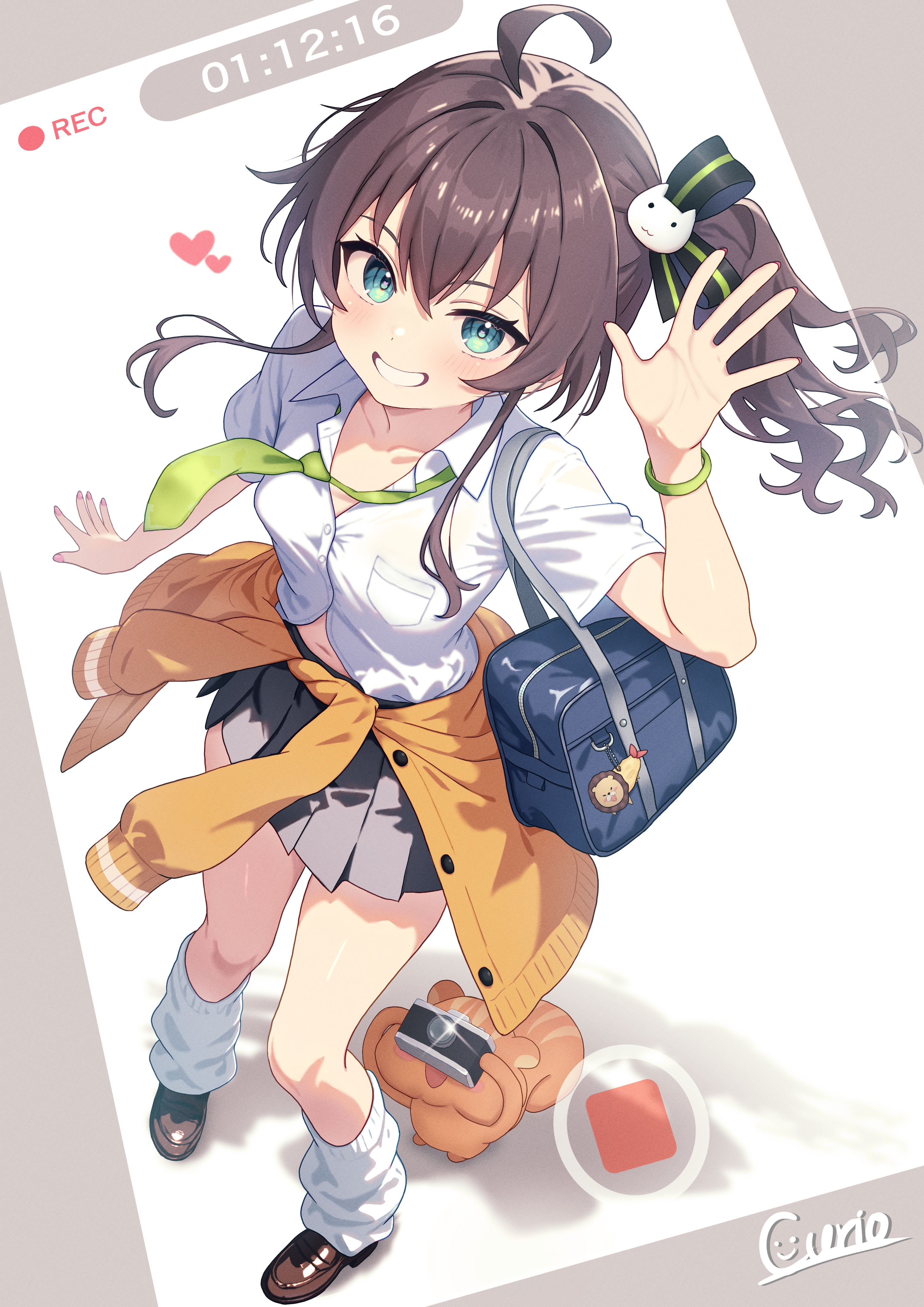 curio (curiofinity), matsurisu, natsuiro matsuri, hololive, absurdres, commentary request, highres, 1girl, ahoge, alternate costume, aqua eyes, bag, black skirt, blue bag, brown hair, cardigan, cardigan around waist, clothes around waist, collared shirt, full body, hair intakes, loafers, looking at viewer, miniskirt, navel, pleated skirt, school bag, school uniform, shirt, shoes, short sleeves, skirt, socks, solo, standing, virtual youtuber, white shirt, white socks, yellow cardigan