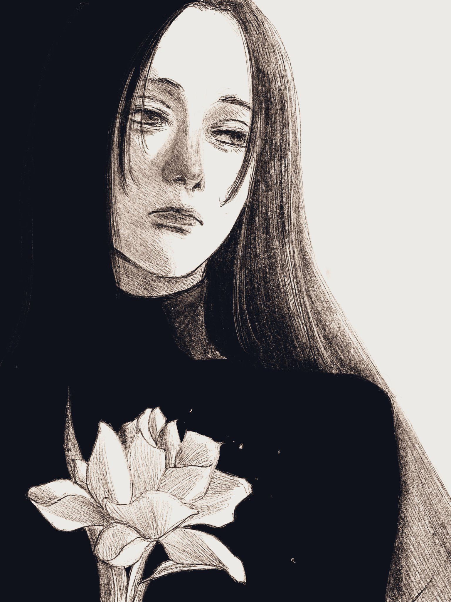 tp p pt, original, highres, 1girl, black hair, black outline, black shirt, flower, greyscale, long hair, monochrome, outline, portrait, shirt, solo, white flower
