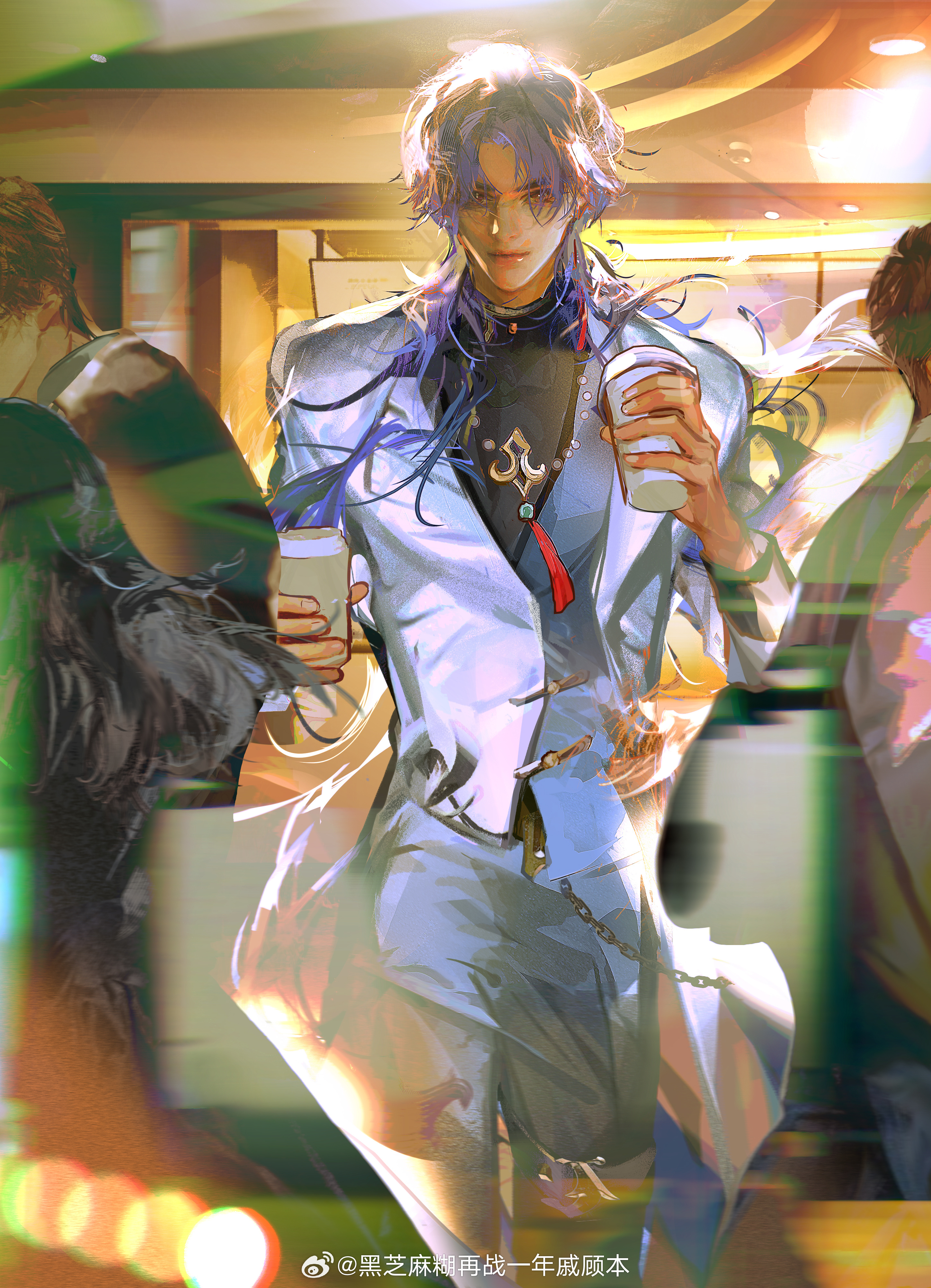 hei zhimahu, blade (good me) (honkai: star rail), blade (honkai: star rail), honkai: star rail, honkai (series), absurdres, chinese commentary, highres, 1boy, bead necklace, beads, black shirt, blue hair, ceiling light, coat, cowboy shot, cup, disposable cup, earrings, formal clothes, holding, holding cup, indoors, jewelry, lens flare, light smile, lips, long hair, long sleeves, looking at viewer, male focus, necklace, official alternate costume, pants, parted bangs, people, realistic, red eyes, shirt, solo focus, straight-on, suit, tassel, tassel earrings, tassel necklace, thigh strap, wallet chain, white coat, white pants, white suit
