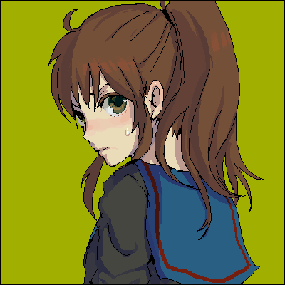 kyon, kyonko, suzumiya haruhi no yuuutsu, gender request, lowres, non-web source, 00s, 1girl, female focus, genderswap, ponytail, school uniform, serafuku, simple background, solo