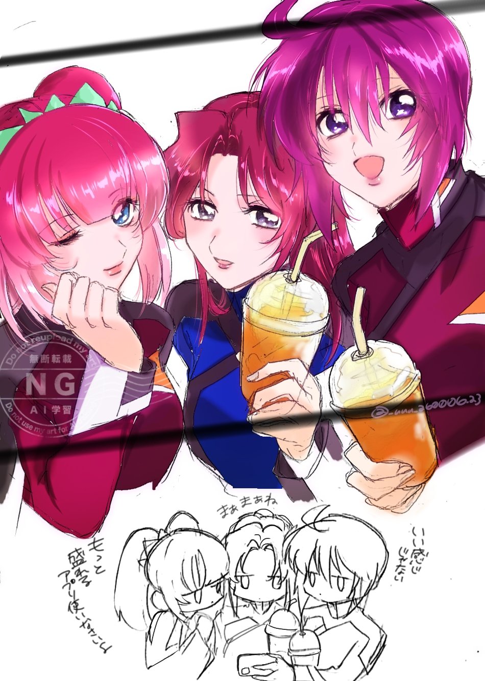 agnes giebenrath, flay allster, lunamaria hawke, gundam, gundam seed, gundam seed freedom, commentary request, highres, translation request, 3girls, ahoge, artist name, blue eyes, blush, breasts, cellphone, compass uniform, eyeshadow, holding, holding phone, jacket, lipstick, long hair, long sleeves, looking at phone, looking at viewer, makeup, military, military uniform, multiple girls, one eye closed, open mouth, phone, pink hair, ponytail, purple eyes, purple hair, red hair, red jacket, red lips, sakamoto (uuu a60006 a3), selfie, short hair, smartphone, smile, taking picture, twintails, twitter username, upper body, watermark