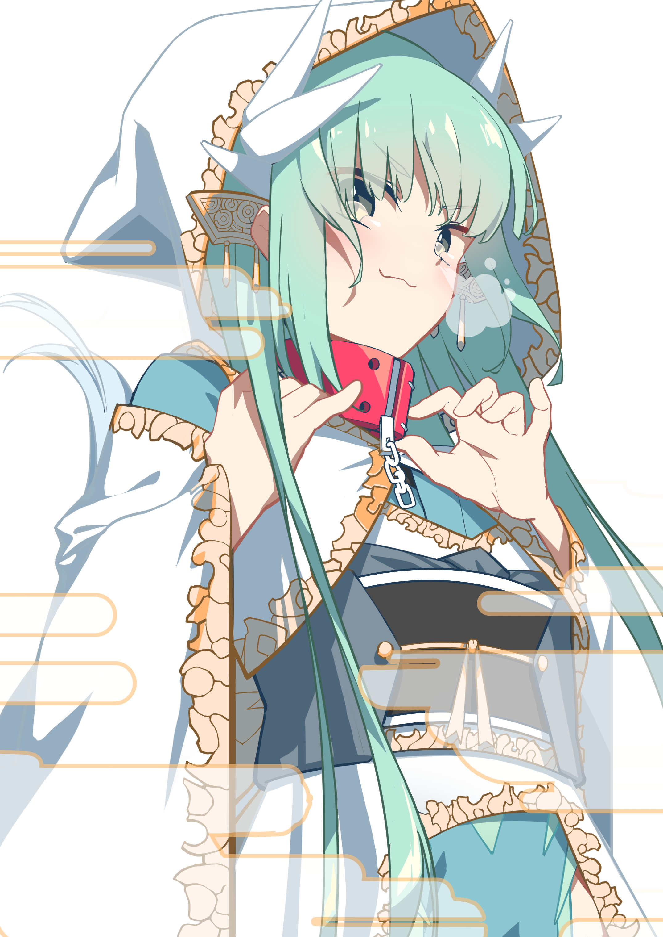 xkirara39x, kiyohime (fate), fate/grand order, fate (series), absurdres, commentary, highres, 1girl, :3, aqua hair, belt collar, black sash, chain, collar, egasumi, hood, hood up, japanese clothes, kiyohime (second ascension) (fate), looking at viewer, obi, sash, simple background, solo, white background