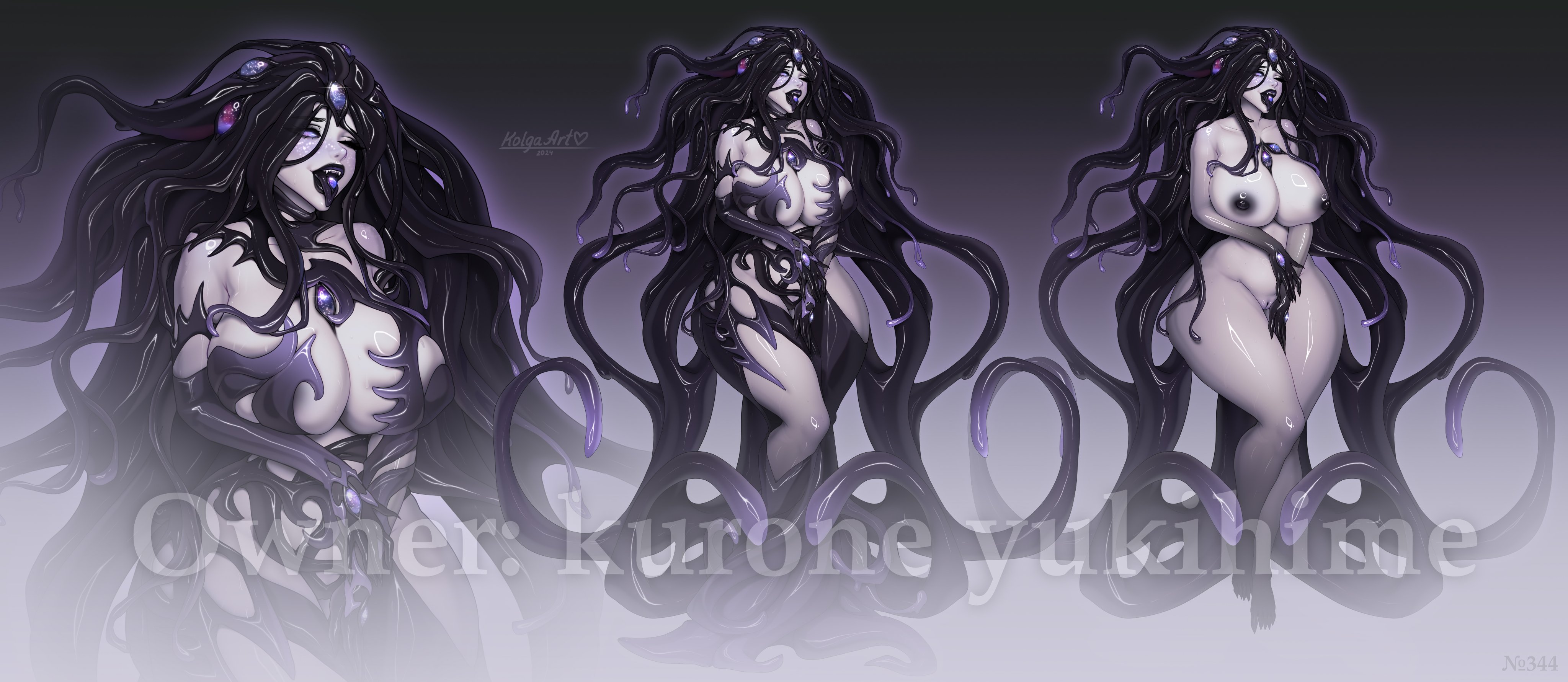kolga art, highres, 1girl, absurdly long hair, black hair, black lips, breasts, colored nipples, curvy, large breasts, long hair, monster girl, multiple views, nipples, nude, open mouth, purple eyes, tentacle hair, tentacles, thick thighs, thighs, tongue, tongue out, very long hair, wide hips