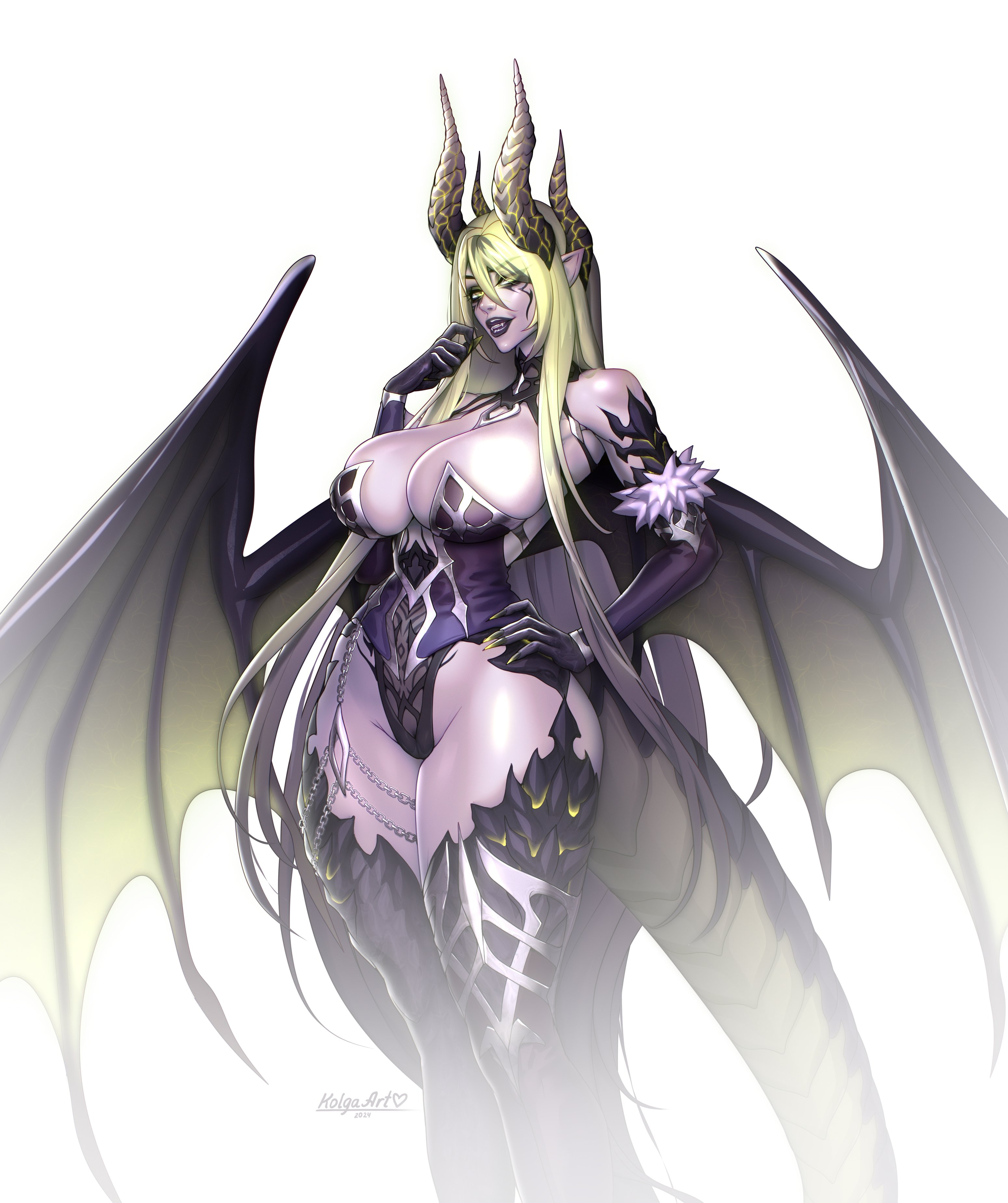 kolga art, highres, 1girl, black gloves, black lips, blonde hair, breasts, cleavage, colored skin, dragon girl, dragon horns, dragon tail, dragon wings, elbow gloves, gloves, hand on own hip, horns, large breasts, leotard, long hair, looking at viewer, monster girl, open mouth, pointy ears, purple skin, scales, simple background, smile, solo, tail, thighhighs, very long hair, white background, wings, yellow eyes, yellow nails