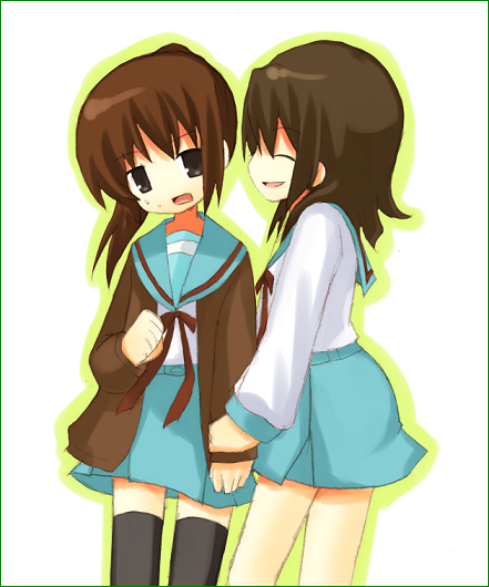 koizumi itsuki, koizumi itsuki (female), kyon, kyonko, suzumiya haruhi no yuuutsu, 00s, 2girls, cardigan, genderswap, genderswap (mtf), multiple girls, ponytail, school uniform, serafuku, thighhighs