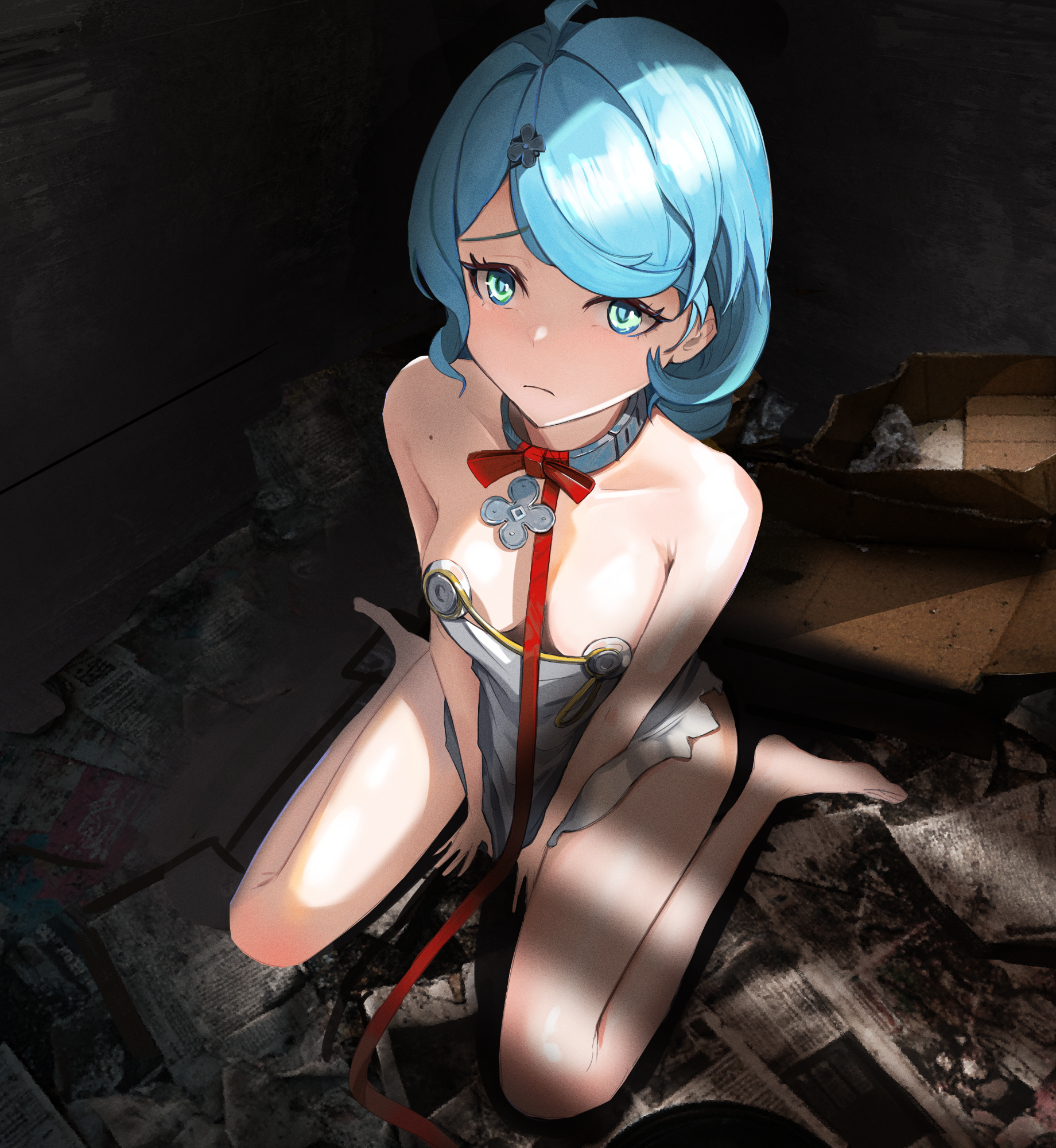 prev/next, seed (zenless zone zero), zenless zone zero, highres, 1girl, aqua eyes, aqua hair, bare shoulders, barefoot, breasts, closed mouth, collar, collarbone, dress, indoors, leash, medium breasts, metal collar, mole, mole on collarbone, off-shoulder dress, off shoulder, short dress, short hair, sitting, solo, toes, wariza, white dress